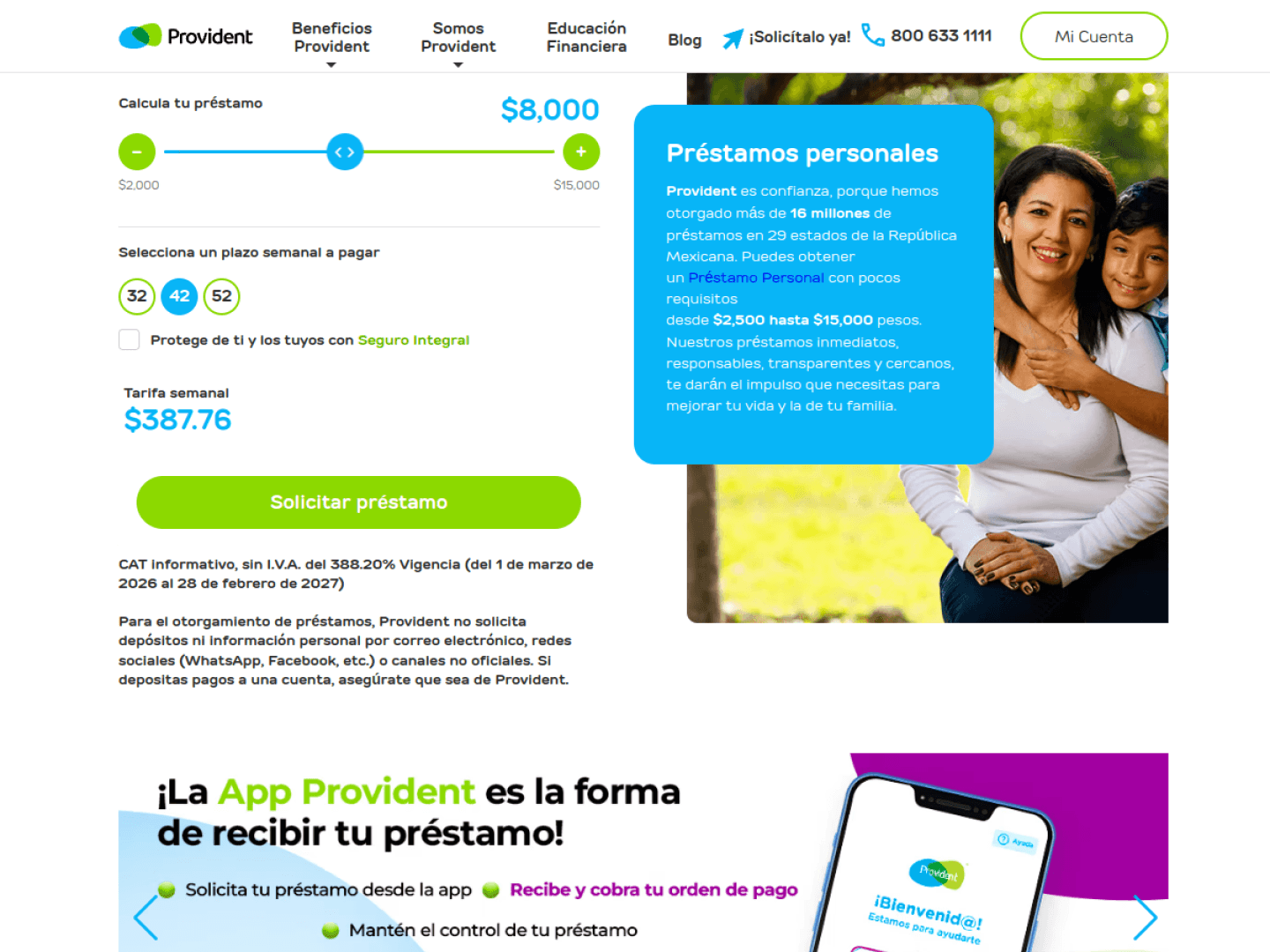 Captura actual del simulador de préstamos de Provident México